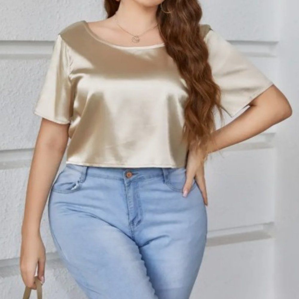 Women's Gold Satin Short Sleeve Multi-wear Blouse